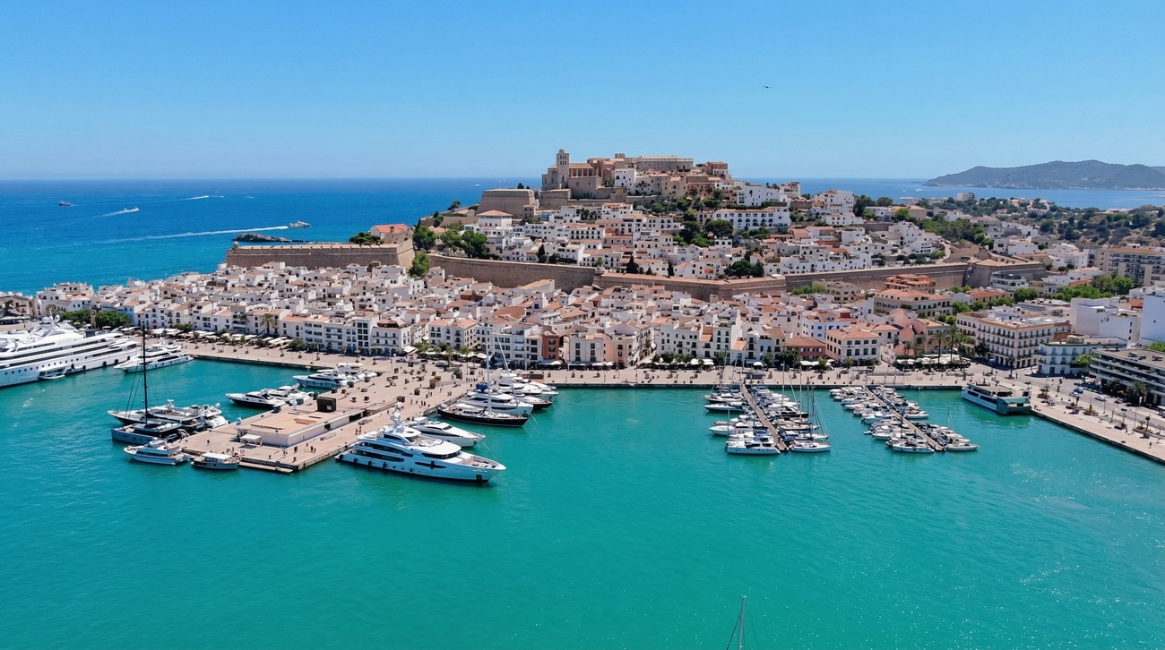 Uitzicht over de noordkust van Ibiza met turquoise water en groene heuvels